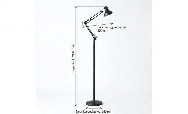 Lampa podłogowa AURIQ ST CZARNA 001969 - realistyczne zdjęcie katalogowe, widok boczny, z zaznaczonymi wymiarami wysokości, szerokości i długości na białym tle