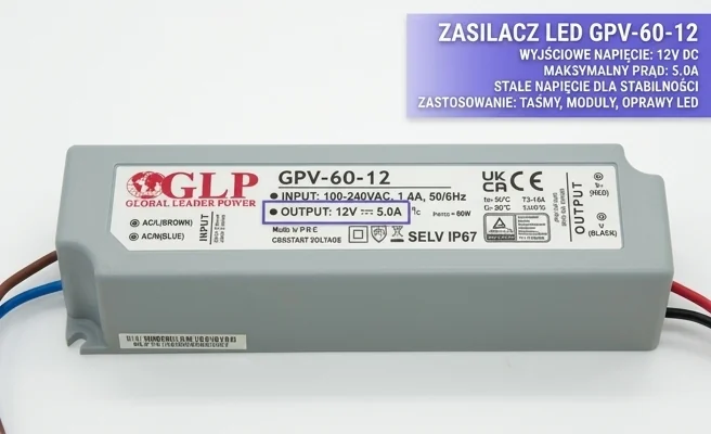Zasilacz LED 12V GPV-60-12 GLP, napięcie wyjściowe 12V, zdjęcie produktowe, kod GPV-60-12