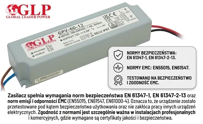 Zasilacz LED GPV-60-12 GLP, normy bezpieczeństwa i EMC, zdjęcie produktowe, kod GPV-60-12