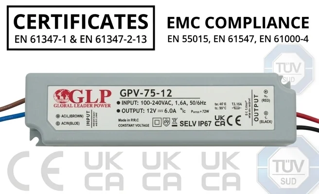 Zasilacz LED GPV-75-12 GLP z certyfikatami bezpieczeństwa EN 61347, zdjęcie produktowe