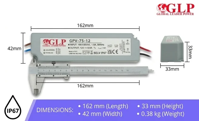 Kompaktowy zasilacz LED GPV-75-12 GLP o wymiarach 162x42x33 mm, zdjęcie produktowe