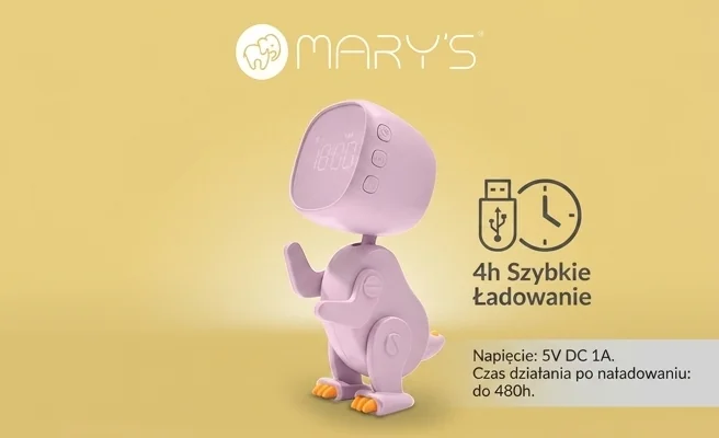 Łatwe ładowanie - lampka nocna LED MARY'S ROBO DINO RÓŻOWY MW61057, realistyczne zdjęcie z symbolem ładowania