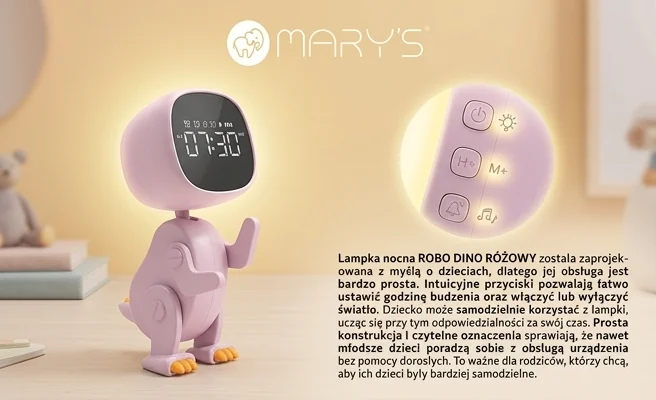Prosta obsługa - lampka nocna LED MARY'S ROBO DINO RÓŻOWY MW61057, realistyczne zdjęcie z widocznymi przyciskami