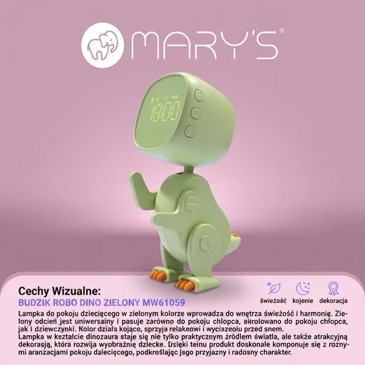 Lampka do pokoju dziecięcego w zielonym kolorze MARY'S BUDZIK ROBO DINO ZIELONY MW61059 - realistyczne zdjęcie z wyraźnym zielonym odcieniem