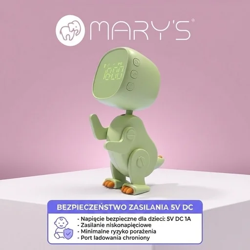 Lampka dziecięca z bezpiecznym napięciem zasilania MARY'S BUDZIK ROBO DINO ZIELONY MW61059 - realistyczne zdjęcie bez widocznych portów