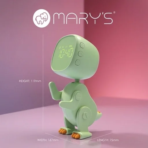 MARY'S BUDZIK ROBO DINO ZIELONY MW61059 - lampka nocna LED dla dzieci w kształcie dinozaura, realistyczne zdjęcie produktowe z widocznymi wymiarami i cyfrowym wyświetlaczem