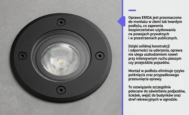 Oprawa najazdowa ERIDA GU10 IP67 IK09 okrągła czarna ID-8040 do montażu w ziemi – bezpieczna instalacja