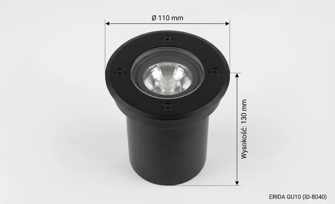 Oprawa najazdowa ERIDA GU10 IP67 IK09 okrągła czarna ID-8040 – kompaktowe wymiary 110 mm x 130 mm