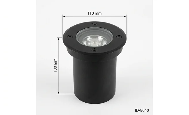 Oprawa najazdowa dogruntowa ERIDA GU10 IP67 IK09 okrągła czarna ID-8040 – realistyczna fotografia z widocznymi wymiarami 110 mm średnicy i 130 mm wysokości na białym tle