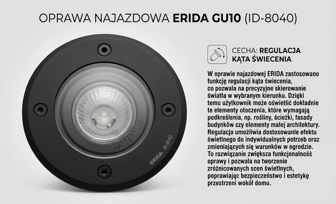 Oprawa najazdowa ERIDA GU10 IP67 IK09 okrągła czarna ID-8040 z możliwością regulacji kąta świecenia – detal produktu