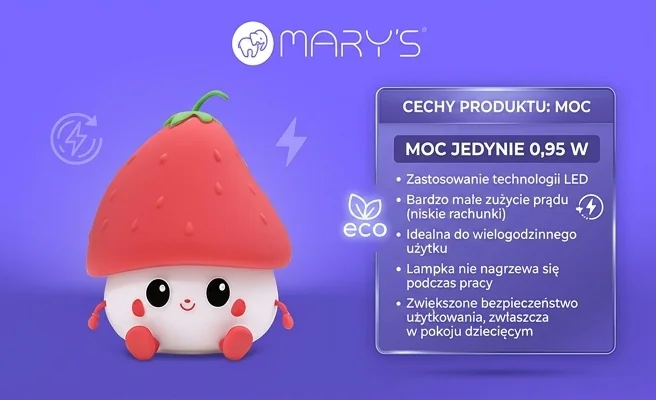 Lampka nocna LED Truskawka MW20777 o niskim poborze energii, zdjęcie produktowe na zielonym tle