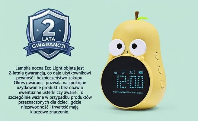 Budzik gruszka MW20780 z gwarancją 2 lata - zdjęcie produktu z symbolem gwarancji, żółty, na jasnym tle
