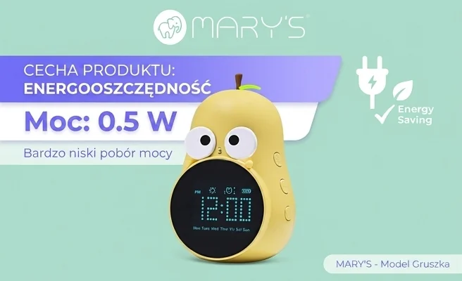 Budzik gruszka MW20780 energooszczędny - zdjęcie produktu z mocą 0.5 W, żółty, na jasnym tle