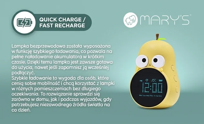 Budzik gruszka MW20780 z szybkim ładowaniem - zdjęcie produktu, żółty, na jasnym tle