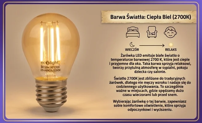 Żarówka LED kulista ECO LIGHT EC61250 2700K, ciepła biała barwa światła, zdjęcie produktowe na jasnym tle