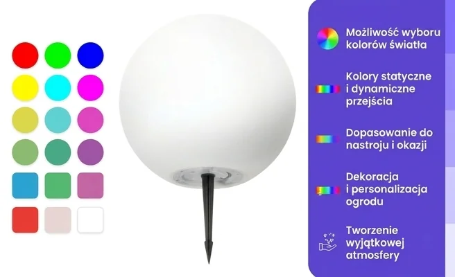 Lampka solarna LED GARDEN BALL 30cm 003696 Kobi Design z funkcją RGB i paletą kolorów na białym tle