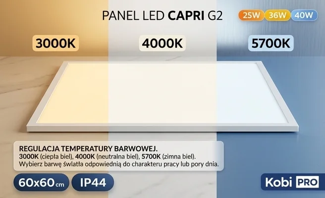 Panel LED CAPRI G2 25-36-40W 60x60 3CCT IP44 Kobi Pro kod 003821 – regulacja temperatury barwowej, zdjęcie produktowe