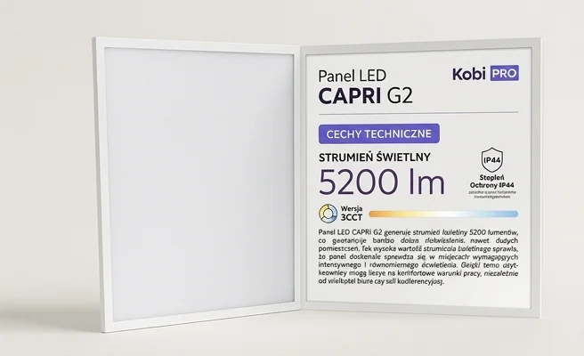 Panel LED CAPRI G2 25-36-40W 60x60 3CCT IP44 Kobi Pro kod 003821 – strumień świetlny 5200 lm, zdjęcie produktowe