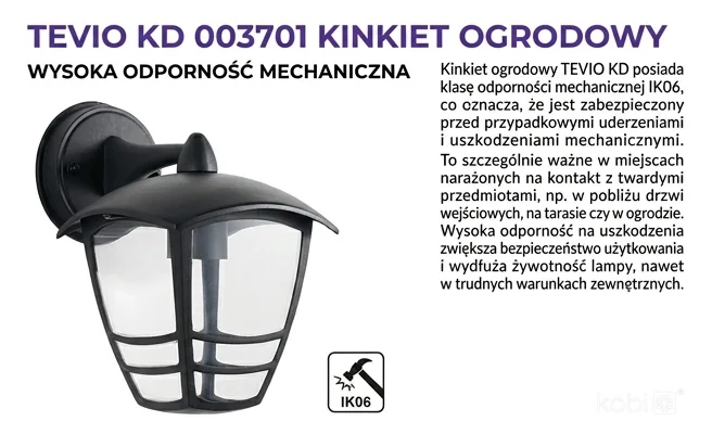 Kinkiet TEVIO KD 003701 czarny, solidna obudowa, klasa odporności IK06