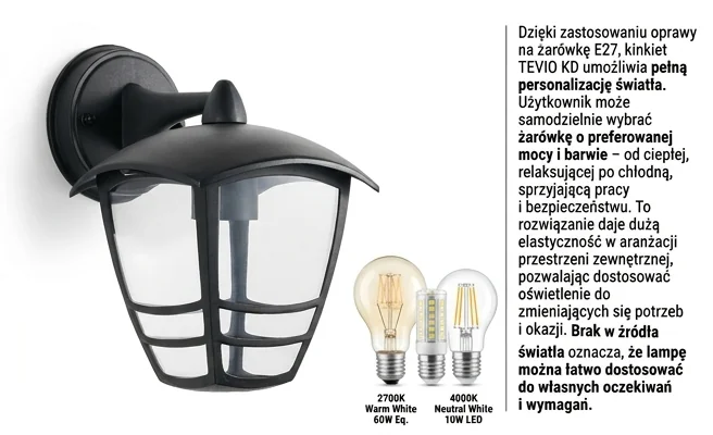 Kinkiet TEVIO KD 003701 z różnymi żarówkami E27, personalizacja światła