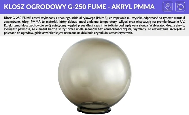 Klosz akrylowy PMMA G-250 FUME, realistyczne zdjęcie produktowe, kod produktu G-250 FUME