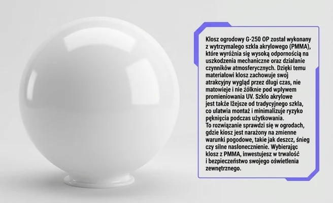 Klosz ogrodowy G-250 OP Su-Ma z trwałego szkła akrylowego PMMA - detal powierzchni, zdjęcie produktowe