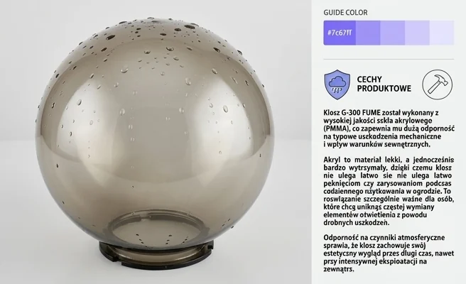 Akrylowy klosz G-300 FUME Su-Ma odporny na warunki zewnętrzne - zbliżenie na powierzchnię z kroplami wody