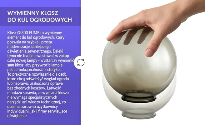 Wymienny klosz G-300 FUME Su-Ma do kul ogrodowych - łatwy montaż, dłoń chwytająca klosz