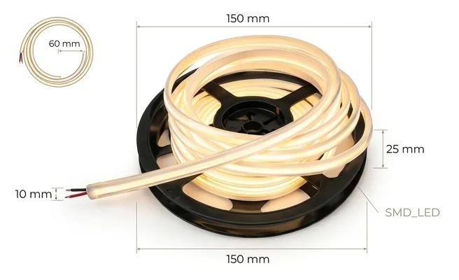Taśma LED wodoodporna SMD_LED 84999, zwinięta na czarnej szpuli, długość 5 metrów, szerokość 10 mm, ciepła biel, widoczne przewody, zdjęcie produktowe na białym tle