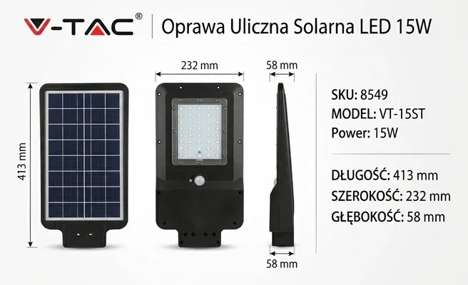 Oprawa uliczna solarna LED 15W ST-15 SKU 8549 V-TAC – realistyczne zdjęcie produktowe z widocznymi wymiarami: długość 413 mm, szerokość 232 mm, wysokość 58 mm, na jasnym tle