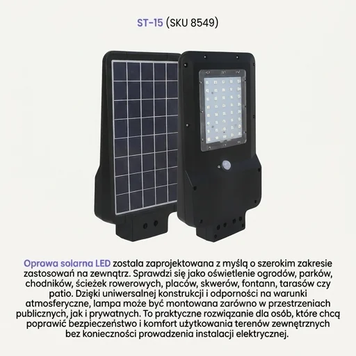 Oprawa solarna LED 15W ST-15 SKU 8549 V-TAC – uniwersalne zastosowanie zewnętrzne, zdjęcie produktowe