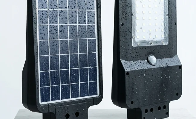 Oprawa solarna LED 15W ST-15 SKU 8549 V-TAC – zbliżenie na obudowę z kroplami wody, klasa szczelności IP65