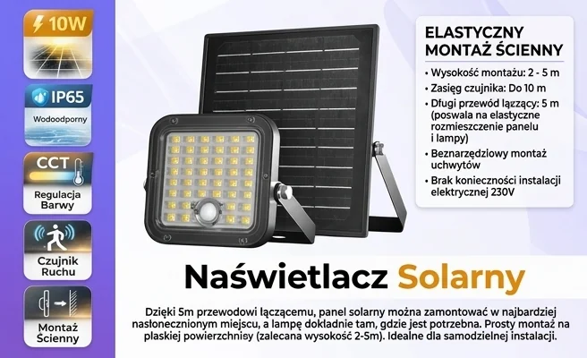 Naświetlacz solar LED MHCS 10W 2CCT IP65 Kobi Premium 170421 – cecha: łatwy montaż ścienny, zdjęcie produktowe
