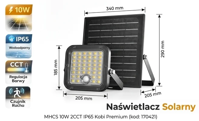 Naświetlacz solar LED MHCS 10W 2CCT IP65 Kobi Premium 170421 – realistyczna fotografia produktowa z widocznymi wymiarami długości, szerokości i wysokości, panel solarny i naświetlacz LED na białym tle z piktogramami cech.