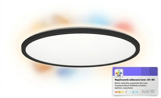 Plafon LED NIVERA CIRCLE 32W 3CCT IP54 czarny Kobi Premium kod 171117 – wizualizacja wysokiego współczynnika CRI na realistycznym zdjęciu produktowym.