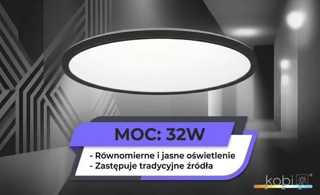 Plafon LED NIVERA CIRCLE 32W 3CCT IP54 czarny Kobi Premium kod 171117 – wizualizacja wysokiej mocy światła na realistycznym zdjęciu produktowym.