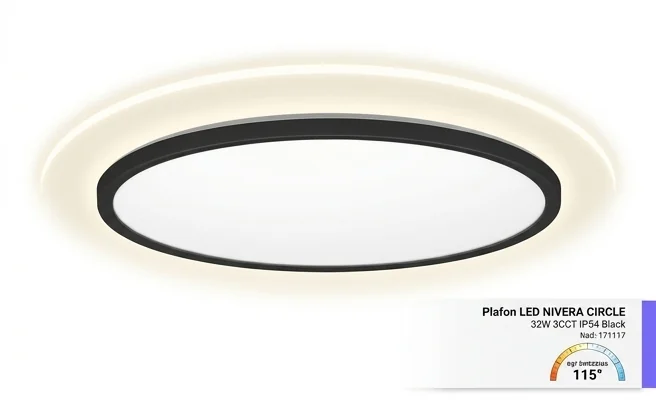 Plafon LED NIVERA CIRCLE 32W 3CCT IP54 czarny Kobi Premium kod 171117 – wizualizacja szerokiego kąta świecenia na realistycznym zdjęciu produktowym.