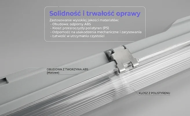 Oprawa LED VANTA 1xT8 60cm szara ABS/PS LITE 203860-II - zdjęcie detalu konstrukcji ABS i polistyren
