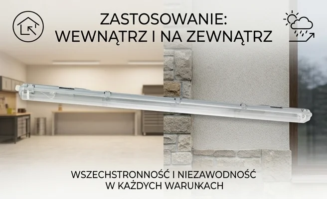 Oprawa LED VANTA 2xT8 120cm 203891-II - zdjęcie produktowe z zaznaczeniem zastosowania wewnątrz i na zewnątrz