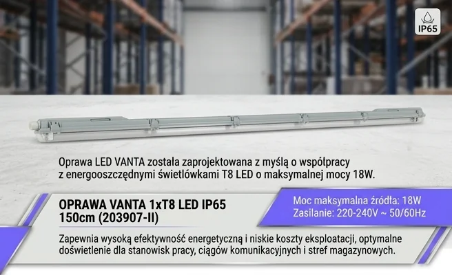 Oprawa LED VANTA 1xT8 IP65 150cm szara 203907-II, widok z boku, do świetlówek o mocy do 18W.