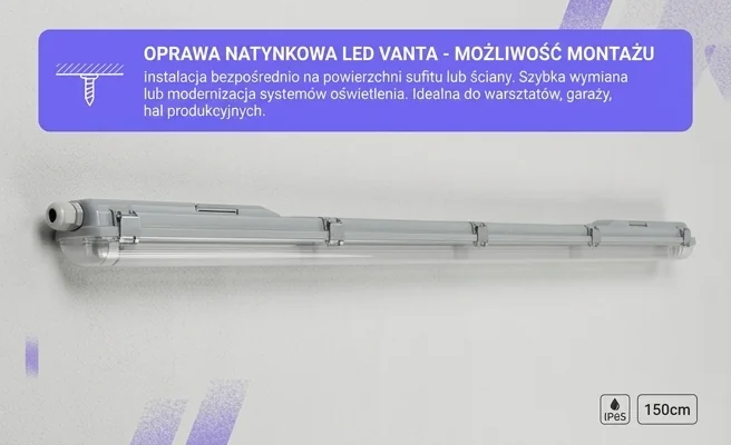 Oprawa LED VANTA 1xT8 IP65 150cm szara 203907-II, widok z boku, możliwość montażu natynkowego.