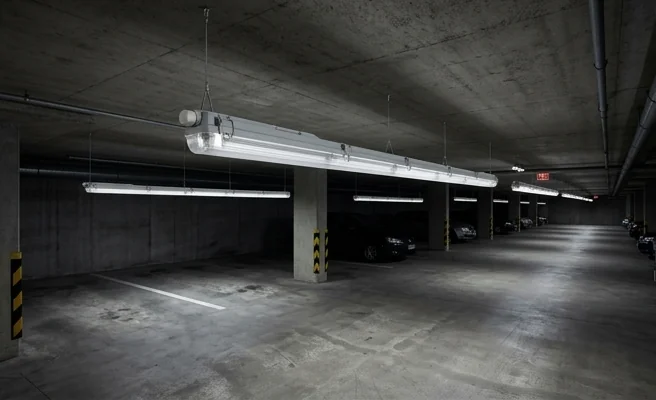 Detal obudowy oprawy LED VANTA 1xT8 IP65 150cm szara 203907-II, odporność mechaniczna IK06.