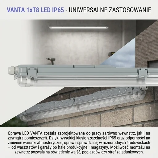 Oprawa LED VANTA 1xT8 IP65 150cm szara 203907-II, widok z boku, do zastosowań wewnętrznych i zewnętrznych.