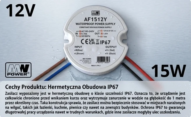Zasilacz LED MW Power AF1512Y IP67 – hermetyczna obudowa, zdjęcie produktowe