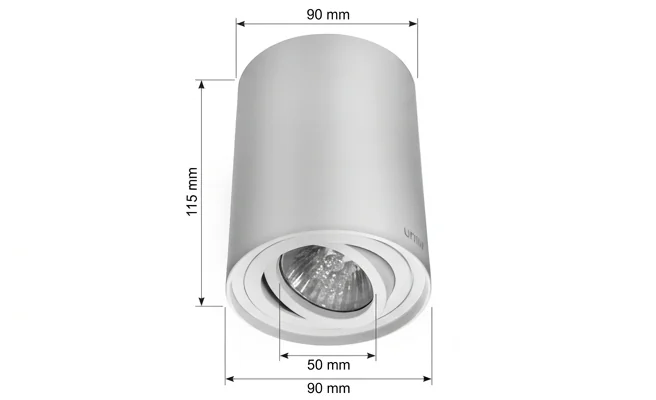 Duża biała oprawa natynkowa halogenowa tuba LED Domeno 163-uniw, widok centralny, wymiary 115x90 mm, otwór 50 mm, realistyczne zdjęcie produktowe