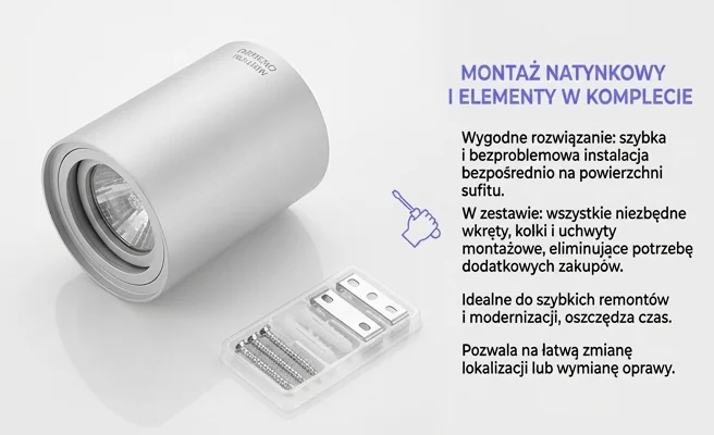 Oprawa natynkowa Domeno 163-uniw z elementami montażowymi, biała tuba LED, zdjęcie produktowe