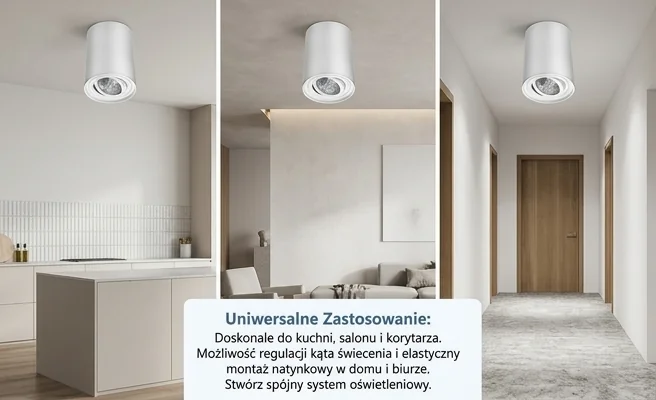 Uniwersalne zastosowanie oprawy natynkowej Domeno 163-uniw w salonie, kuchni i korytarzu, biała tuba LED, zdjęcie produktowe