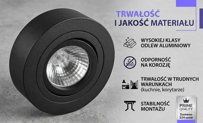 PÓŁTUBA OPRAWA HALOGENOWA CZARNA GU10 Domeno 224-uniw – zbliżenie na aluminiową, matową powierzchnię, widoczne detale materiału.