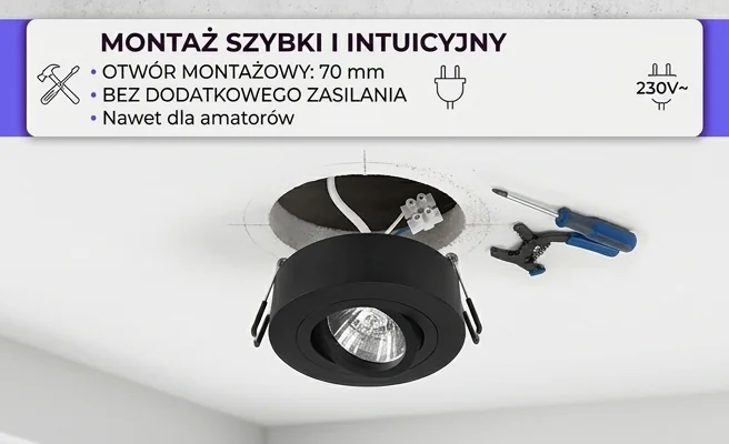 PÓŁTUBA OPRAWA HALOGENOWA CZARNA GU10 Domeno 224-uniw – montaż w suficie, widoczny otwór i narzędzia.