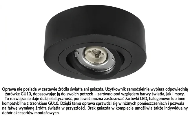 PÓŁTUBA OPRAWA HALOGENOWA CZARNA GU10 Domeno 224-uniw – widoczne miejsce na żarówkę GU10, brak źródła światła.
